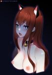  animal_ears bare_shoulders bell bell_choker black_choker blue_eyes blush breasts brown_hair cat_ears choker collarbone commentary cropped_torso english_commentary eyebrows_visible_through_hair hair_between_eyes kemonomimi_mode long_hair looking_at_viewer makise_kurisu medium_breasts nipples open_mouth sidelocks simple_background solo steins;gate tofuubear upper_body 