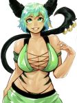  animal_ears armband armlet bikini bikini_top borrowed_character breasts cat_ears cat_girl cat_tail cleavage commentary english_commentary eymbee green green_bikini green_eyes green_hair grin highres large_breasts lip_piercing lips lowleg lowleg_pants navel original pants piercing short_hair smile solo standing swimsuit tail tail_piercing tail_ring white_background 