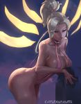  artist_name ass bikini blonde_hair breasts cleavage collarbone commentary commission cutesexyrobutts high_ponytail highres large_breasts leaning_forward lips long_hair mercy_(overwatch) overwatch pink_bikini signature slingshot_swimsuit smile solo swimsuit thick_thighs thighs 