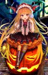  :d animal bamboo_broom bangs bat bat_wings blonde_hair blurry blurry_background boots bow broom brown_bow brown_footwear brown_skirt brown_vest building candy commentary_request cross-laced_footwear depth_of_field eyebrows_visible_through_hair fang fingernails flower food frills full_body glowing granblue_fantasy halloween hand_up head_tilt head_wings high_heel_boots high_heels highres holding holding_food holding_lantern holding_lollipop jack-o'-lantern lace-up_boots lantern lollipop long_hair marisayaka nail_polish night open_mouth outdoors pantyhose petticoat pleated_skirt pointy_ears puffy_short_sleeves puffy_sleeves red_eyes red_flower red_nails red_rose red_wings rose shingeki_no_bahamut shirt short_sleeves sitting skirt smile solo striped striped_legwear swirl_lollipop vampy very_long_hair vest white_shirt window wings 