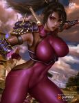  armor artist_name bangs bodysuit breasts brown_eyes brown_hair cloud cloudy_sky commentary covered_nipples english_commentary fighting_stance fingerless_gloves fishnets gloves highres large_breasts logan_cure long_hair looking_at_viewer ninja open_mouth outdoors ponytail rock shoulder_armor skin_tight sky solo soulcalibur spandex stance sword sword_behind_back tabi taki_(soulcalibur) watermark weapon web_address 