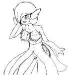  3_fingers big_breasts biting_lip breasts clothing confusion ditto dress erect_nipples female gardevoir hand_on_head humor joke mischief_(distinguishable) monochrome nintendo nipples pok&eacute;mon pok&eacute;mon_(species) simple_background sketch smiley_face solo transformation tryfag video_games 