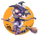  animal_ears arm_ribbon bare_shoulders black_hair blake_belladonna bow broom cat_ears cat_tail coattails commentary halloween hat hat_bow highres iesupa legwear_under_shorts long_hair midriff ribbon rwby shirt shorts sleeveless sleeveless_shirt solo tail vest white_bow witch witch_hat yellow_eyes 