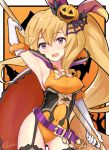  1girl animal_ears black_thighhighs blonde_hair blush bow breasts bunny_ears candy cygames dragalia_lost elbow_gloves elisanne fake_bunny_ears food garter_straps gloves halloween jack-o&#039;-lantern leotard lollipop long_hair looking_at_viewer lying medium_breasts nintendo orange_leotard ponytail pumpkin purple_eyes solo thighhighs thighs very_long_hair white_elbow_gloves white_gloves 