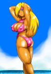  beach beauty_mark big_breasts blonde_hair breasts ear_piercing female hair lagomorph lipstick makeup mammal piercing rabbit seaside solo speeds 