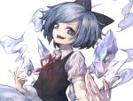  blue_bow blue_eyes blue_hair blue_wings bow cirno collared_shirt commentary_request fingernails frog frozen_frog highres hito_komoru ice ice_wings looking_at_viewer medium_hair neck_ribbon open_mouth red_ribbon ribbon see-through shirt short_sleeves simple_background smile solo teeth touhou upper_body vest white_background white_shirt wing_collar wings 