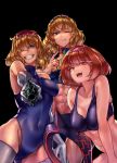  ;p abs alice_margatroid bangs bare_shoulders black_background blonde_hair blue_eyes blue_leotard bois_de_justice bottle breasts cleavage closed_mouth collarbone commentary_request cookie_(touhou) covered_navel dies_irae eyebrows_visible_through_hair gloves grin gun hair_over_one_eye hairband handgun head_tilt highres hinase_(cookie) holding holding_gun holding_weapon jigen_(cookie) leotard licking_lips looking_at_viewer medium_breasts megafaiarou_(talonflame_810) multiple_girls muscle muscular_female one_eye_closed open_mouth orange_hair purple_eyes red_eyes red_hairband revolver sakuranbou_(cookie) simple_background smile sports_bra teeth thighhighs tongue tongue_out touhou turtleneck weapon white_gloves white_legwear 