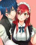  1boy 1girl blue_eyes blue_hair blush breasts earrings erza_scarlet fairy_tail jellal_fernandes jewelry large_breasts long_hair maid maid_headdress red_hair yellow_eyes 