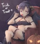  armchair bangs black_footwear black_panties black_skirt blush boots breasts candy chair cleavage collarbone commentary crop_top crossed_legs curled_horns demon_girl demon_wings english_commentary eyebrows_visible_through_hair food gabriel_dropout hair_between_eyes hair_ornament hairclip hallelujah_essaim halloween highres hikari_niji holding holding_food holding_lollipop jack-o'-lantern leg_belt licking lollipop looking_at_viewer medium_breasts midriff navel o-ring o-ring_top panties pleated_skirt purple_eyes purple_hair sitting skirt solo tongue tongue_out trick_or_treat tsukinose_vignette_april twitter_username underwear wings x_hair_ornament 