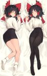  ahoge artist_request bad_id bad_nicoseiga_id black_hair black_legwear bow buttons closed_mouth collared_shirt cookie_(touhou) dakimakura dress_shirt full_body hair_bow hair_tubes hakurei_reimu high-waist_skirt highres long_sleeves looking_at_viewer looking_back lying multiple_views no_shoes on_back pantyhose pencil_skirt red_bow sananana shirt sidelocks skirt smile socks touhou white_legwear white_shirt wing_collar yellow_eyes 