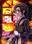  2018 bat black_hair book braid chain cross cross_necklace cross_print fire gloves glowing gold_chain greek_cross happy_halloween holding holding_book holding_pumpkin jack-o'-lantern jewelry khamsin_nbh'w latin_cross long_hair long_sleeves looking_at_viewer looking_to_the_side male_focus monocle necklace parted_lips pumpkin robe scar shakugan_no_shana short_over_long_sleeves short_sleeves silhouette single_braid solo tachitsu_teto white_gloves yellow_eyes 