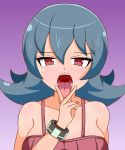  1girl blue_hair blush creatures_(company) game_freak gym_leader looking_at_viewer natsume_(pokemon) naughty_face nintendo open_mouth pokemon pokemon_(game) pokemon_hgss red_eyes solo tank_top tongue tongue_out upper_body uvula 