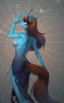  2018 anthro blue_fur breasts brown_eyes brown_hair butt_pose clothing detailed_background digital_media_(artwork) dress equine fan_character female fur hair horn mammal margony my_little_pony smile solo standing torn_clothing unicorn 