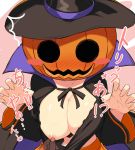  areolae blush_stickers breasts cccpo clothes_pull halloween hands_up hat high_collar jack-o'-lantern large_breasts looking_at_viewer nipple_tweak original paw_pose pumpkin_on_head solo witch_hat 
