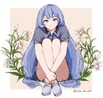  blue_eyes blue_hair boku_no_hero_academia convenient_leg crossed_ankles dress earrings flower hadou_nejire hands_together jewelry sitting smile solo white_pupils 