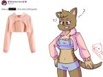  2018 ? ambiguous_gender angry anthro avian bds17 bean_(character) bird boy_shorts bra breasts cleavage clothed clothing duo english_text eyelashes female fur hoodie inner_ear_fluff mammal marsupial meme navel pink_clothing red_eyes sharp_teeth simple_background solo_focus striped_fur stripes taylor teeth text thylacine tuft twitter_hoodie underwear white_background 