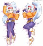  absurdres artist_name ashe_(rockman) ass bed_sheet belt belt_buckle big_hair blush bodysuit breasts brown_belt buckle closed_mouth commentary_request copyright_name dakimakura fingerless_gloves full_body gloves green_eyes hair_between_eyes headband high_ponytail highres large_shoes light_blue_hair long_hair looking_at_viewer loose_belt medium_breasts multiple_views open_mouth red_headband rockman rockman_zx rockman_zx_advent sheet_grab shoe_soles shoes shoutaro_saito spandex teeth v-shaped_eyebrows very_long_hair watermark white_pupils 