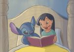  2018 alien bangs bed bedding black_hair blanket blue_claws blue_fur blue_nose book claws colored_sketch disney duo experiment_(species) fur hair head_tuft holding_book holding_object human lilo_and_stitch lilo_pelekai mammal notched_ear open_mouth open_smile pillow reading smile stitch tuft wakamo 