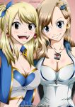  2girls blonde_hair blue_eyes breasts brown_eyes cleavage earrings eden&#039;s_zero fairy_tail jewelry large_breasts long_hair lucy_heartfilia multiple_girls necklace rebecca_(eden&#039;s_zero) tagme 