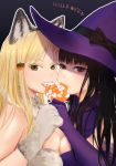  animal_ears asymmetrical_docking black_hair blonde_hair breast_press breasts brown_eyes candy colored_eyelashes costume elbow_gloves english food food_themed_hair_ornament fur_collar gloves hair_ornament halloween hat hidaka_koharu high_score_girl large_breasts lollipop long_hair looking_at_viewer medium_breasts multiple_girls oono_akira open_mouth outline pumpkin_hair_ornament purple_gloves senoka shared_food signature tongue tongue_out white_outline witch witch_hat wolf_ears 