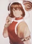  bangs blush brown brown_eyes brown_hair closed_mouth commentary_request from_side gensou_suikoden gensou_suikoden_ii gloves hand_up hat horns looking_at_viewer looking_to_the_side maekakekamen muted_color nanami_(suikoden) short_hair short_sleeves smile solo upper_body 
