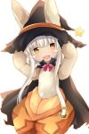  alternate_costume animal_ears bangs black_cape blunt_bangs blush_stickers bow bowtie bunny_ears cape commentary ears_through_headwear eyebrows_visible_through_hair furry halloween hand_on_headwear hat looking_at_viewer low_tied_hair maccha made_in_abyss nanachi_(made_in_abyss) open_mouth orange_pants red_bow sidelocks simple_background smile solo star whiskers white_background white_hair witch_hat yellow_eyes 