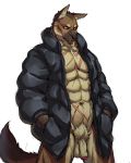  abs anthro athletic balls biceps canine clothed clothing dog flaccid fur german_shepherd humanoid_penis jacketbear looking_away male mammal muscular open_shirt partially_clothed partially_retracted_foreskin pecs penis scar shirt simple_background solo standing uncut vein white_background yellow_eyes 