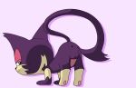  39coit anus balls bedroom_eyes fur green_eyes half-closed_eyes male nintendo penis pok&eacute;mon pok&eacute;mon_(species) presenting purple_fur purrloin seductive simple_background solo video_games 