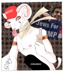  2018 5_fingers anthro arm_tuft armlet bottle caprine censored digital_media_(artwork) donald_trump elbow_tufts english_text fur hat holding_bottle holding_object horn humanoid_hands jewish looking_at_viewer maga mammal neckerchief nipples nude one_eye_closed pink_nipples real red_eyes religion russian_text scarf selfie smile standing swastika text tongue tuft ultros_(artist) white_fur wink ✡ 