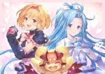  :d blonde_hair brown_eyes commentary_request cosplay cure_black cure_black_(cosplay) cure_white cure_white_(cosplay) djeeta_(granblue_fantasy) earrings frills futari_wa_precure granblue_fantasy hair_ribbon headband heart jewelry light_blue_hair long_hair lyria_(granblue_fantasy) mepple multiple_girls official_art one_eye_closed open_mouth ponytail precure ribbon short_hair smile vee_(granblue_fantasy) 