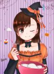  1girl artist_request bowl brown_eyes brown_hair cooking egg_beater halloween hat misaka_mikoto short_hair smile solo to_aru_majutsu_no_index wink witch_hat 
