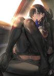  afukuro ass backlighting bangs black_hair black_legwear black_shirt black_skirt blue_neckwear bra breasts brown_eyes chair collared_shirt hair_censor hair_ribbon half-closed_eyes half_updo highres knees_together_feet_apart knees_up large_breasts long_hair miniskirt mouth_hold necktie no_shoes original panties pantyhose ribbon scan shirt signature sitting skirt solo underwear undressing vehicle_interior white_panties 