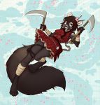  2018 anthro antiroo bell blades brown_eyes brown_hair chest_tuft claws clothing digital_media_(artwork) eyewear fangs female fur glasses hair japanese_clothing kamaitachi kimono kyra_sable looking_at_viewer panties paws sable solo tuft underwear weapon 