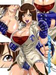  1girl belt breasts brown_eyes brown_hair cleavage clenched_hands denim denim_shorts erect_nipples fighting_stance fingerless_gloves gloves jacket kazama_asuka large_breasts lips open_mouth raburebo short_hair shorts smile solo_focus tekken text_focus translation_request 