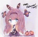  2018 :p ahoge bangs bare_arms bare_shoulders big_head black_legwear black_vest black_wings blue_eyes blush bow candy chibi closed_mouth commentary cottontailtokki eyebrows_visible_through_hair food hair_between_eyes halloween happy_halloween highres holding holding_food holding_lollipop jack-o'-lantern lishenna_omen_of_destruction lollipop long_hair purple_bow purple_footwear purple_skirt red_hair shadowverse shirt shoes skirt sleeveless sleeveless_shirt smile solo swirl_lollipop thighhighs tongue tongue_out very_long_hair vest white_shirt wings 