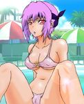 ayane_(doa) bad_id bad_pixiv_id bikini breasts cameltoe covered_nipples dead_or_alive headband large_breasts lens_flare looking_at_viewer o-ring o-ring_top palm_tree parasol parted_lips pink_bikini pool purple_hair red_eyes salverion short_hair sitting solo spread_legs strap_gap swimsuit tree umbrella 