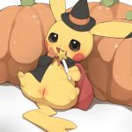  2018 3_toes anus black_eyes black_sclera cape cleft_tail clothing female feral fur halloween hat hi_res holding_object holidays looking_at_viewer nintendo open_mouth pikachu pok&eacute;mon pok&eacute;mon_(species) presenting presenting_pussy pussy reclining red_cheeks ribbons solo sparkles spread_legs spreading toes video_games wand witch_hat yellow_fur youjomodoki 