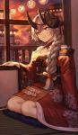  blush braid commentary_request craft_essence dango fate/grand_order fate_(series) food fou_(fate/grand_order) fujimaru_ritsuka_(female) indoors japanese_clothes kimono long_hair looking_out_window mash_kyrielight mashu_003 mask mask_on_head merely_red obi official_art oni_horns red_eyes red_kimono riyo_(lyomsnpmp)_(style) sash short_kimono silver_hair solo textless tomoe_gozen_(fate/grand_order) wagashi 