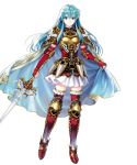  aqua_hair armor armored_boots bangs blue_eyes boots bracelet breastplate cape closed_mouth earrings eirika elbow_gloves elbow_pads fingerless_gloves fire_emblem fire_emblem:_seima_no_kouseki fire_emblem_heroes frills full_body gloves highres holding holding_cape holding_sword holding_weapon jewelry long_hair looking_at_viewer mayachise official_art red_gloves shiny shiny_hair short_sleeves shoulder_pads sidelocks skirt smile solo standing sword thighhighs transparent_background weapon white_skirt zettai_ryouiki 