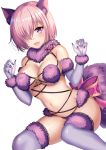  :d animal_ear_fluff animal_ears bangs bare_shoulders blush breasts claw_pose cleavage commentary_request dangerous_beast elbow_gloves eyebrows_visible_through_hair fang fate/grand_order fate_(series) fingernails fur-trimmed_gloves fur-trimmed_legwear fur_collar fur_trim gloves hair_over_one_eye hands_up harimoji large_breasts looking_at_viewer mash_kyrielight nail_polish navel open_mouth pink_hair purple_eyes purple_gloves purple_legwear purple_nails revealing_clothes simple_background smile solo tail thighhighs white_background wolf_ears wolf_girl wolf_tail 