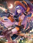  armpits blue_hair breasts broom broom_riding detached_sleeves fingerless_gloves fire_emblem fire_emblem:_souen_no_kiseki fire_emblem_heroes gloves gonzarez green_eyes halloween halloween_costume hat headband highres jack-o'-lantern long_hair looking_at_viewer purple_hair smile solo thighhighs wayu_(fire_emblem) witch witch_hat 