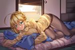  ahoge alternate_costume artoria_pendragon_(all) artoria_pendragon_(lancer) bangs black_legwear blurry blush braid breasts commentary_request contemporary cushion depth_of_field eyebrows_visible_through_hair fate/grand_order fate_(series) french_braid futon green_eyes hair_bun highres indoors large_breasts long_hair looking_at_viewer lying no_shoes object_hug on_stomach open_door pantyhose ribbed_sweater shirokuma_a sidelocks sliding_doors smile solo sweater swept_bangs tatami thighband_pantyhose thighs turtleneck turtleneck_sweater 