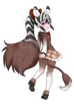  :d black_hair brown_hair empty_eyes extra_ears from_behind full_body gradient_hair gradient_legwear hair_between_eyes hair_ribbon ise_(0425) kemono_friends long_hair long_sleeves looking_at_viewer looking_back multicolored_hair open_mouth pantyhose plaid plaid_skirt pleated_skirt ponytail purple_eyes quagga_(kemono_friends) quagga_ears quagga_tail red_ribbon ribbon shoes simple_background skirt smile solo standing standing_on_one_leg tail very_long_hair white_background white_hair 