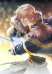  blonde_hair blue_cape blue_eyes cape fate/extra fate_(series) faulds fur_trim gauntlets gawain_(fate/extra) hair_between_eyes holding holding_sword holding_weapon looking_at_viewer male_focus nina_(pastime) solo standing sword weapon 