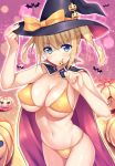  &gt;:) adjusting_clothes adjusting_hat aikawa_tatsuki bikini blonde_hair blue_eyes breasts cape cleavage collarbone commentary_request covered_nipples cowboy_shot eyebrows_visible_through_hair halloween hat large_breasts long_hair looking_at_viewer navel original pink_background pumpkin shiny shiny_skin skindentation solo sparkle stomach swimsuit thighs twintails underboob witch_hat yellow_bikini 