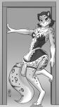  2018 adira_(twokinds) anthro apron bare_shoulders barefoot breasts chest_tuft cleavage clothed clothing digitigrade door feline female fluffy fluffy_tail fur garter half-closed_eyes heresy_(artist) hi_res keidran leaning leaning_back leopard looking_at_viewer maid_uniform mammal monochrome skimpy smile snow_leopard solo spots spotted_fur tuft twokinds uniform webcomic 