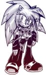 2008 anthro armwear becky_the_hedgehog biped breasts cleavage clothed clothing crop_top elbow_gloves female fingerless_gloves footwear gloves hedgehog looking_at_viewer mammal monochrome navel pants purity shirt shoes simple_background solo standing white_background 