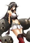  bangs bare_shoulders black_hair breasts closed_mouth commentary_request elbow_gloves expressionless gloves groin headgear highres kantai_collection large_breasts long_hair looking_down miniskirt nagato_(kantai_collection) navel outstretched_wrists pleated_skirt red_eyes simple_background skirt solo spread_fingers stomach thick_eyebrows thighhighs very_long_hair white_background yuuk33 