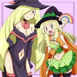  breasts cleavage commentary_request cosplay green_eyes halloween hat highres kuro_hopper lillie_(pokemon) lusamine_(pokemon) mismagius mismagius_(cosplay) mother_and_daughter navel navel_cutout pokemon pokemon_(game) pokemon_sm witch_costume witch_hat 