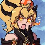  :d armor bare_shoulders black_horns blonde_hair blush bodysuit bowsette chroma_(warframe) chroma_prime_(warframe) crossover crown earrings fang fire glowing glowing_eyes hand_up horns interstellarfarts jewelry long_hair mario_(series) new_super_mario_bros._u_deluxe open_mouth orange_eyes ponytail smile solo super_crown super_mario_bros. symbol-shaped_pupils upper_body warframe 